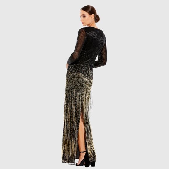 MAC DUGGAL 93584 Long Sleeve Beaded Fringe Evening Gown Dress - Picture 6 of 15